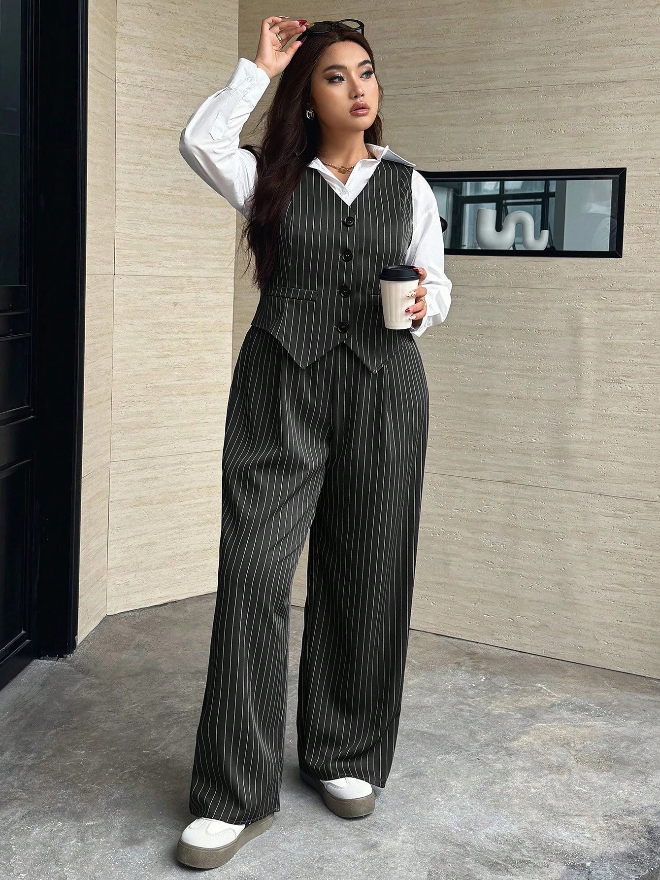 Easura Plus Size Women 2pcs Set:Striped Single-Breasted Vest And Pants,Elegant Dark Green Formal Suits For Commute,Autumn Graduation, Outfits Fall/Winter
