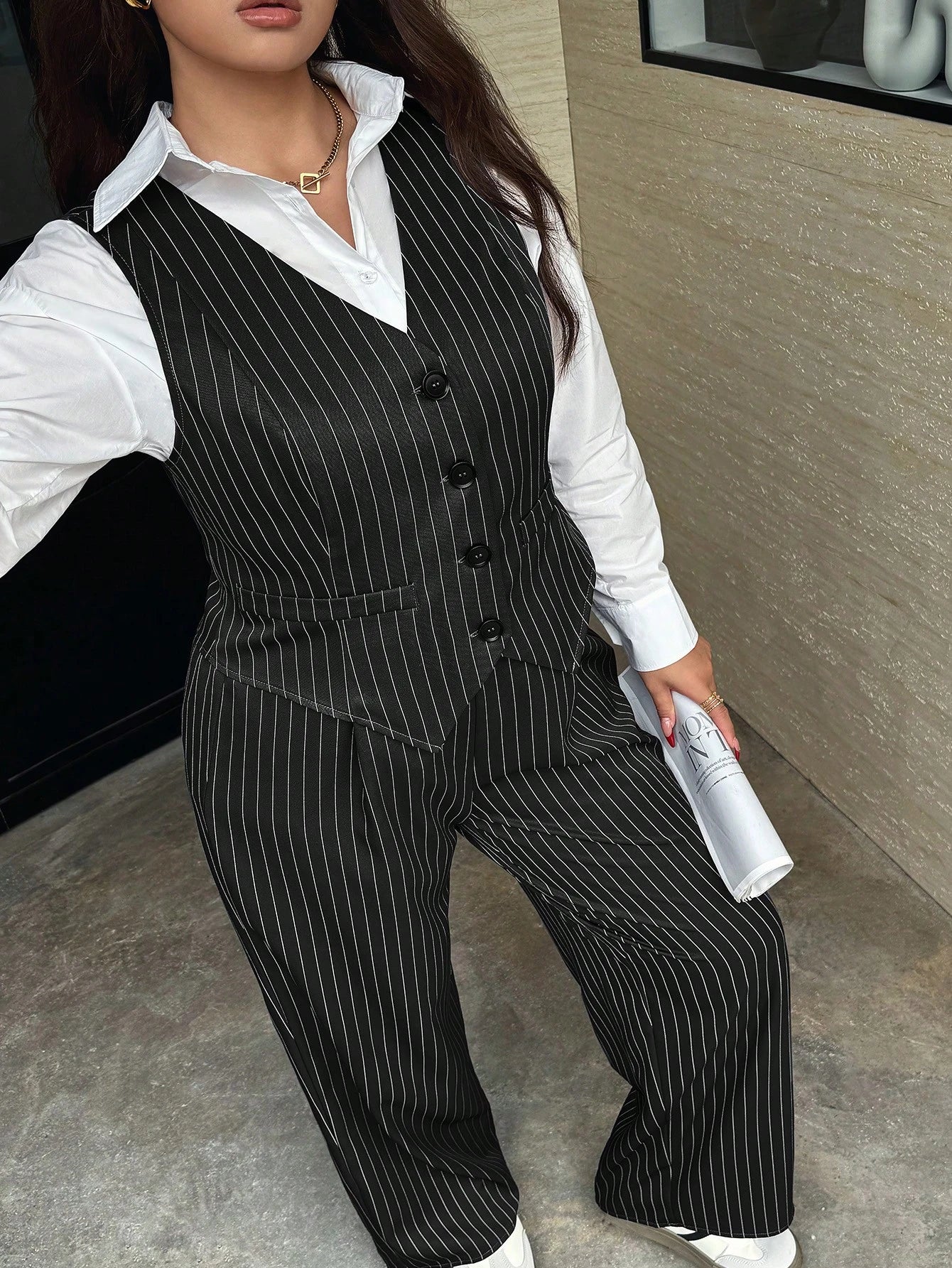 Easura Plus Size Women 2pcs Set:Striped Single-Breasted Vest And Pants,Elegant Dark Green Formal Suits For Commute,Autumn Graduation, Outfits Fall/Winter