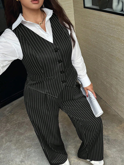 Easura Plus Size Women 2pcs Set:Striped Single-Breasted Vest And Pants,Elegant Dark Green Formal Suits For Commute,Autumn Graduation, Outfits Fall/Winter