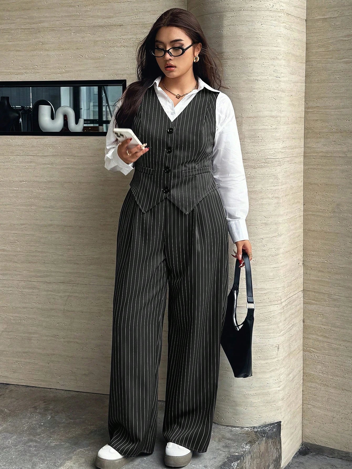 Easura Plus Size Women 2pcs Set:Striped Single-Breasted Vest And Pants,Elegant Dark Green Formal Suits For Commute,Autumn Graduation, Outfits Fall/Winter