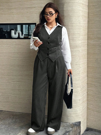 Easura Plus Size Women 2pcs Set:Striped Single-Breasted Vest And Pants,Elegant Dark Green Formal Suits For Commute,Autumn Graduation, Outfits Fall/Winter