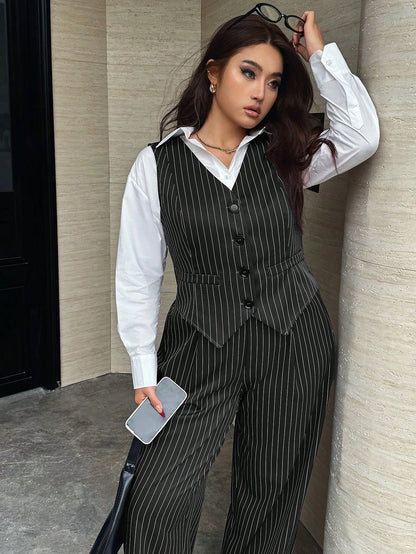 Easura Plus Size Women 2pcs Set:Striped Single-Breasted Vest And Pants,Elegant Dark Green Formal Suits For Commute,Autumn Graduation, Outfits Fall/Winter
