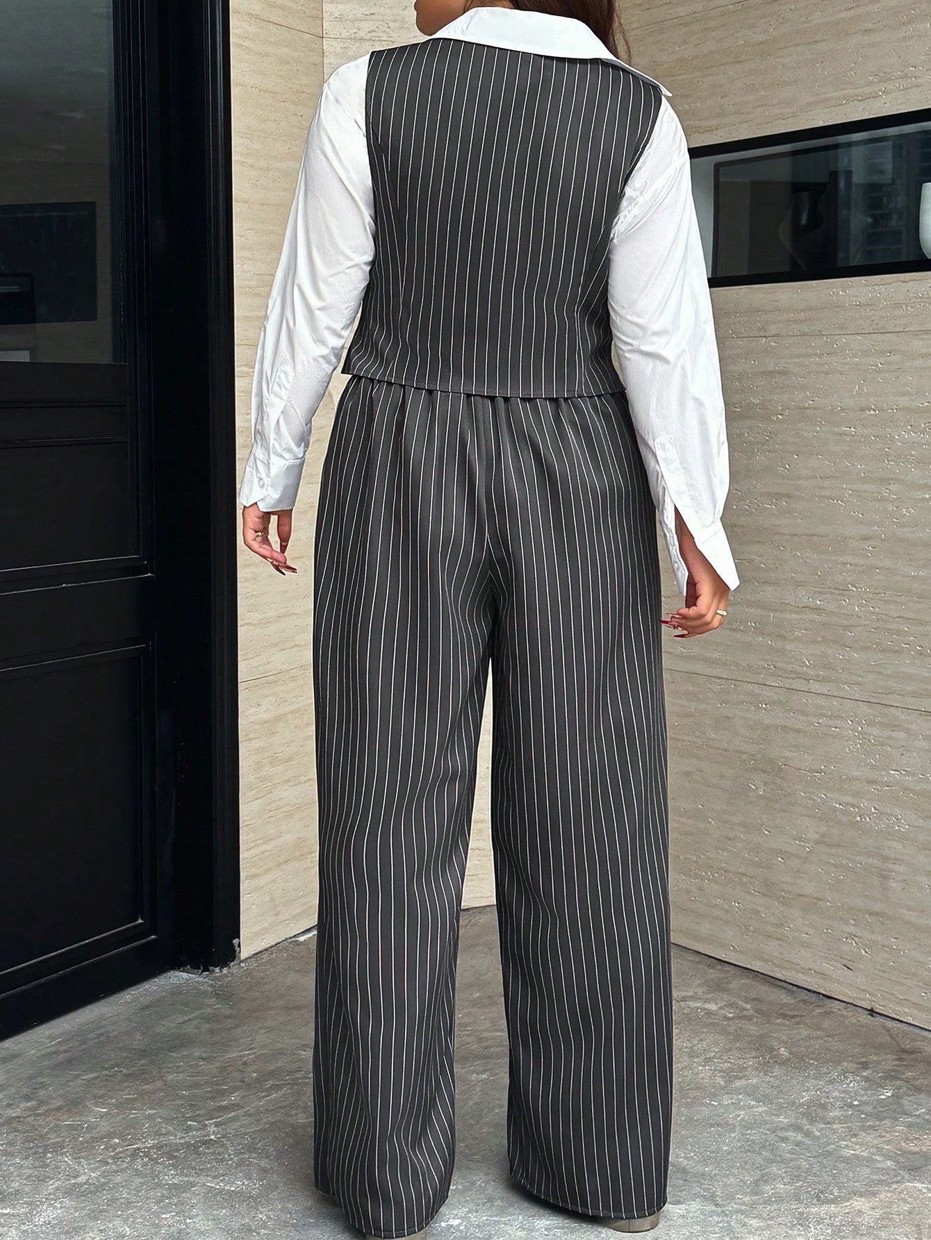 Easura Plus Size Women 2pcs Set:Striped Single-Breasted Vest And Pants,Elegant Dark Green Formal Suits For Commute,Autumn Graduation, Outfits Fall/Winter