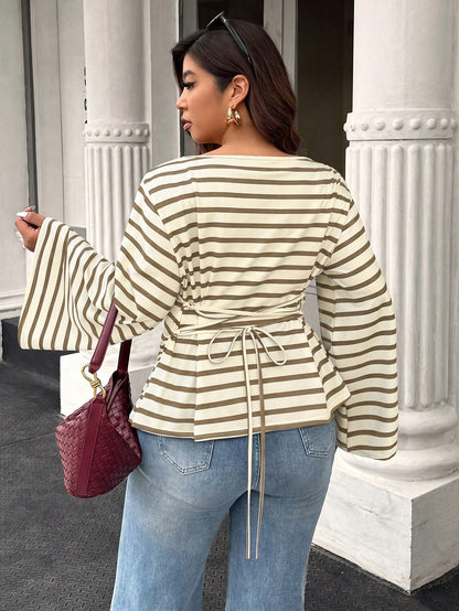 Easura Women's Autumn/Winter Wide Collar Flared Sleeve Pleated Ribbed Ribbed Top Fall