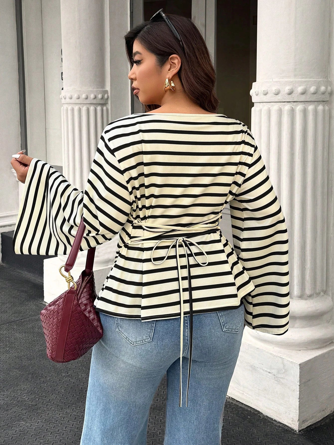 Easura Women's Autumn/Winter Wide Collar Flared Sleeve Pleated Ribbed Ribbed Top Fall