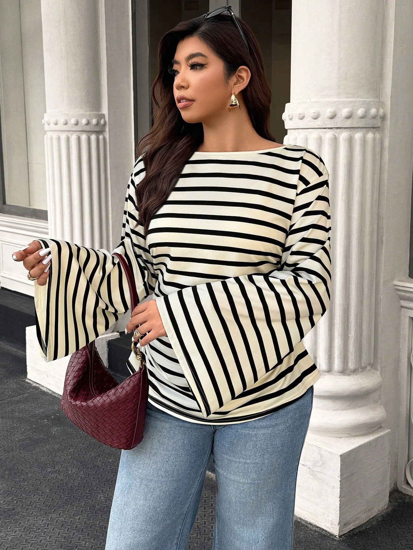 Easura Women's Autumn/Winter Wide Collar Flared Sleeve Pleated Ribbed Ribbed Top Fall