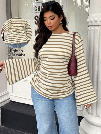 Easura Women's Autumn/Winter Wide Collar Flared Sleeve Pleated Ribbed Ribbed Top Fall