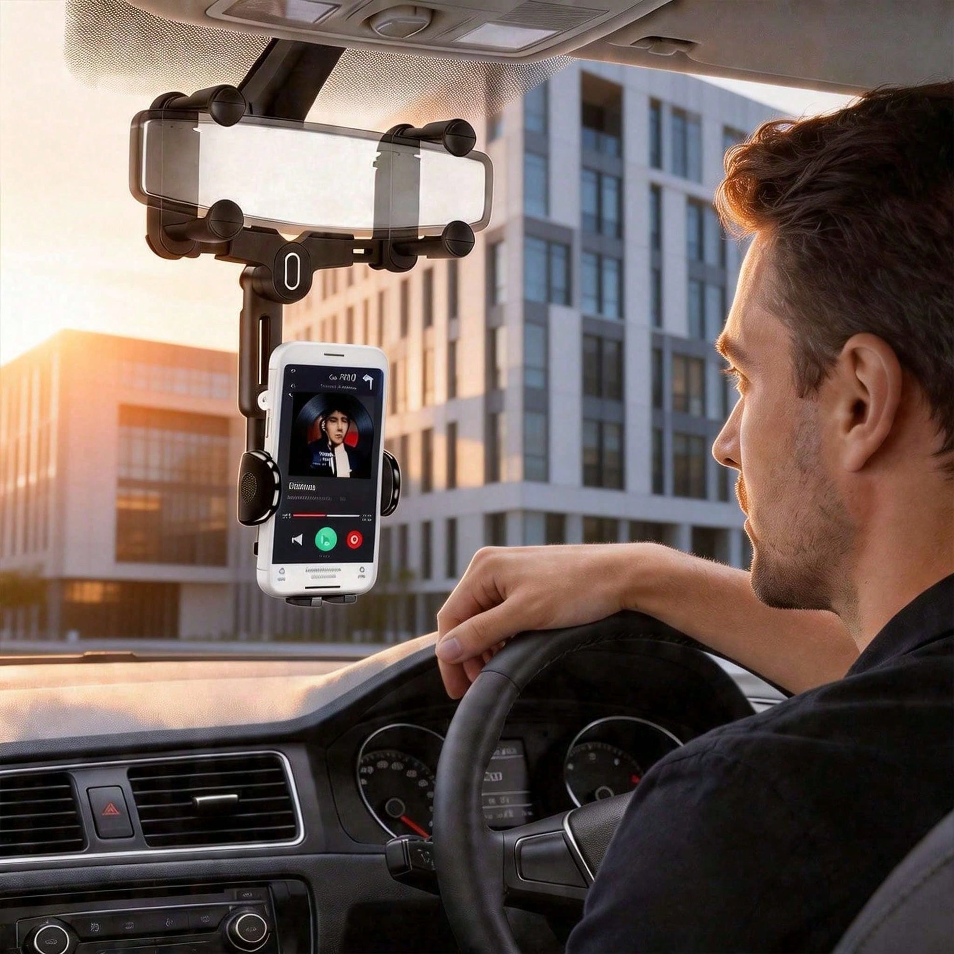 Easy-Install Rearview Mirror Phone Mount, 360° Rotating Quad-Claw Holder For Car, One-Second Release & Secure Lock, Adjustable Arm For 4-7 Inch Phones