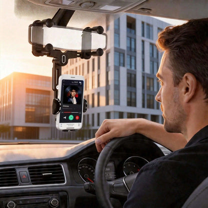 Easy-Install Rearview Mirror Phone Mount, 360° Rotating Quad-Claw Holder For Car, One-Second Release & Secure Lock, Adjustable Arm For 4-7 Inch Phones