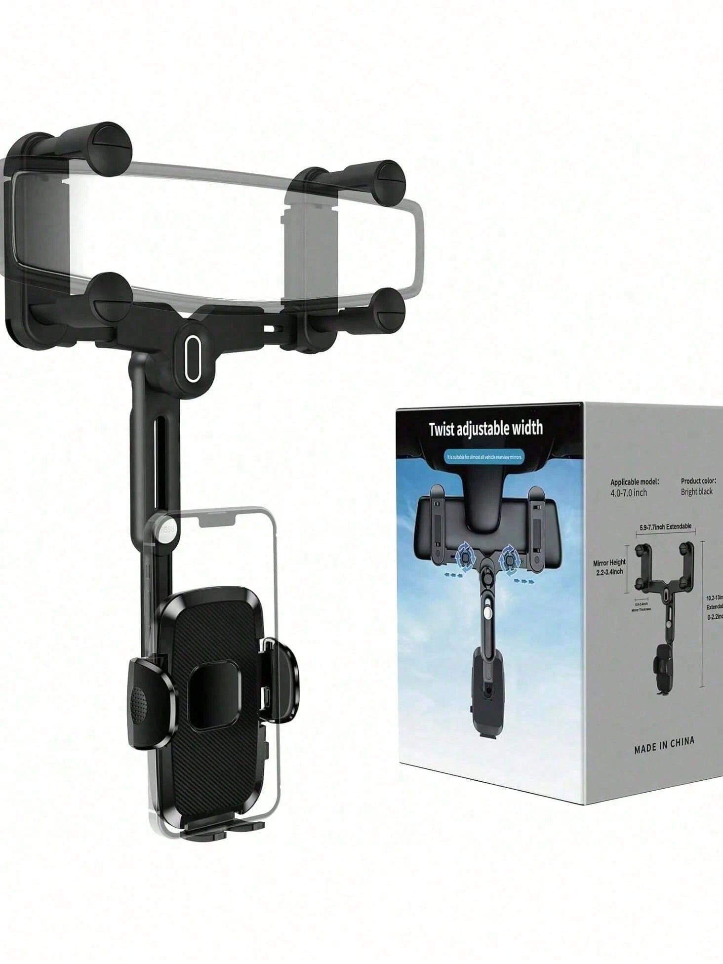 Easy-Install Rearview Mirror Phone Mount, 360° Rotating Quad-Claw Holder For Car, One-Second Release & Secure Lock, Adjustable Arm For 4-7 Inch Phones