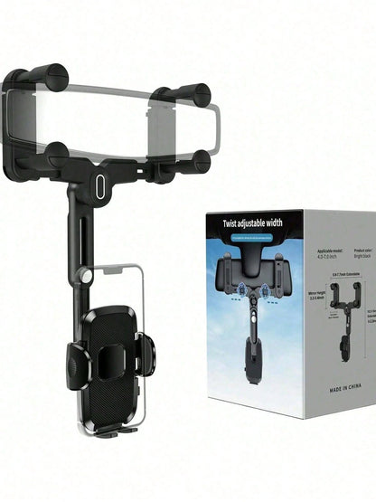 Easy-Install Rearview Mirror Phone Mount, 360° Rotating Quad-Claw Holder For Car, One-Second Release & Secure Lock, Adjustable Arm For 4-7 Inch Phones