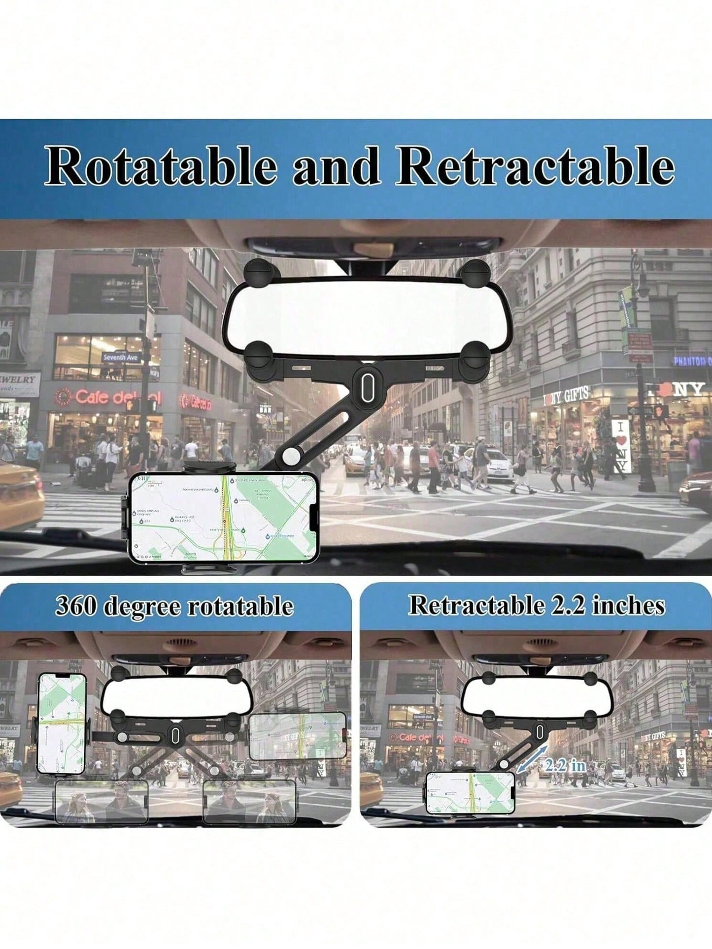 Easy-Install Rearview Mirror Phone Mount, 360° Rotating Quad-Claw Holder For Car, One-Second Release & Secure Lock, Adjustable Arm For 4-7 Inch Phones
