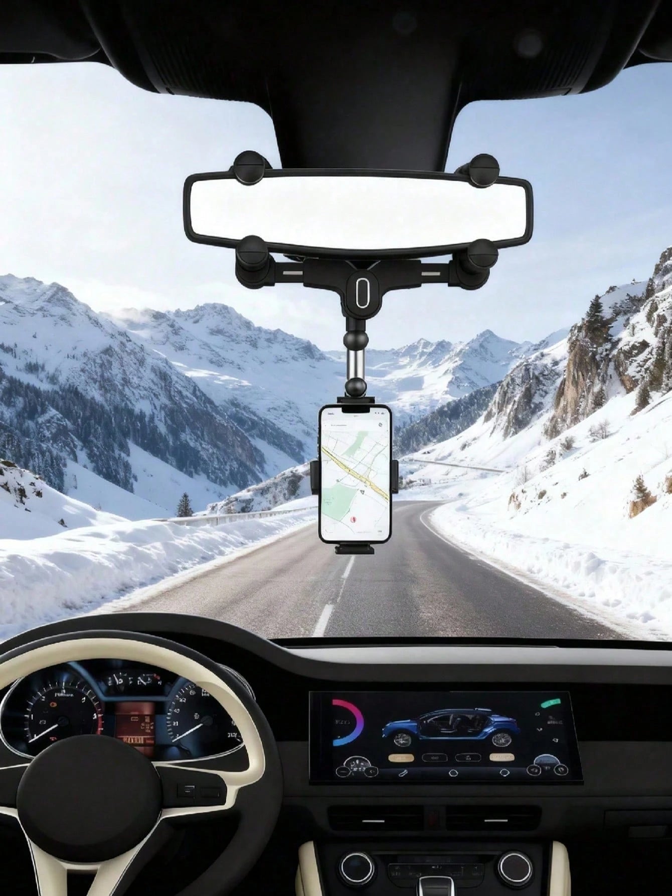 Easy-Install Rearview Mirror Phone Mount, 360° Rotating Quad-Claw Holder For Car, One-Second Release & Secure Lock, Adjustable Arm For 4-7 Inch Phones