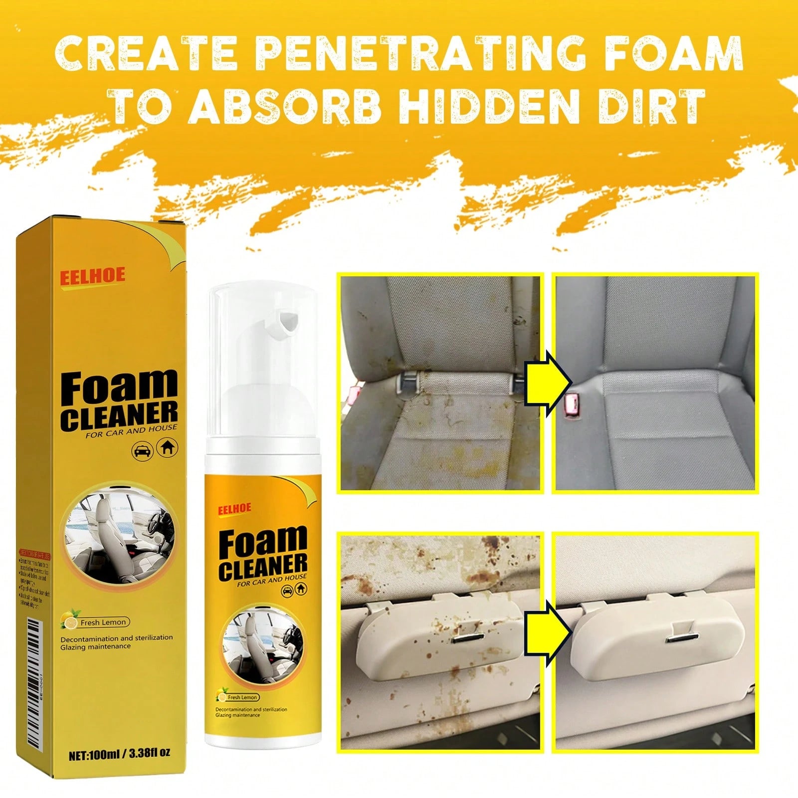 EELHOE 3PCS Multi-Functional Foam Cleaner Set, Wash For Automotive Interior Upholstery, Plastic Instrument Panel, Steering Wheel Parts, Multifunctional Deodorizing Interior Cleaner, Car Steering Wheel