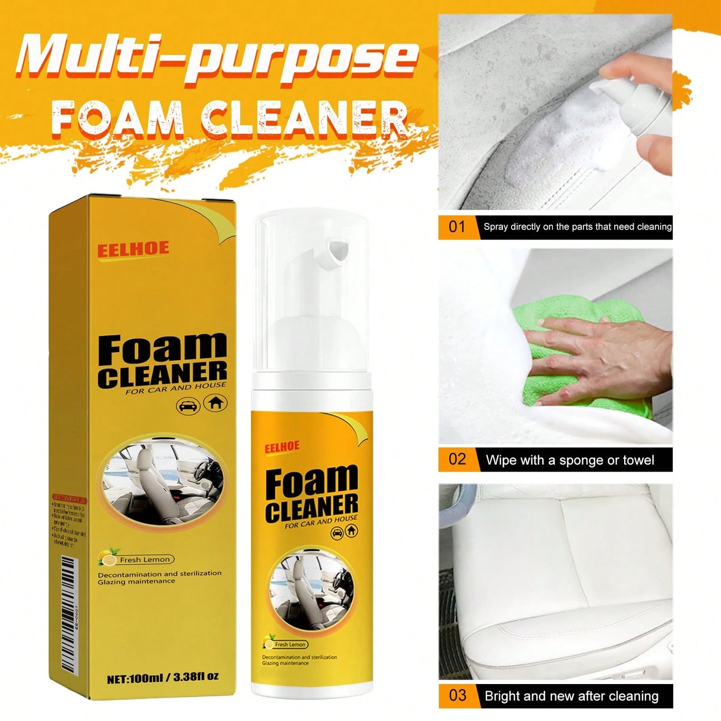 EELHOE 3PCS Multi-Functional Foam Cleaner Set, Wash For Automotive Interior Upholstery, Plastic Instrument Panel, Steering Wheel Parts, Multifunctional Deodorizing Interior Cleaner, Car Steering Wheel