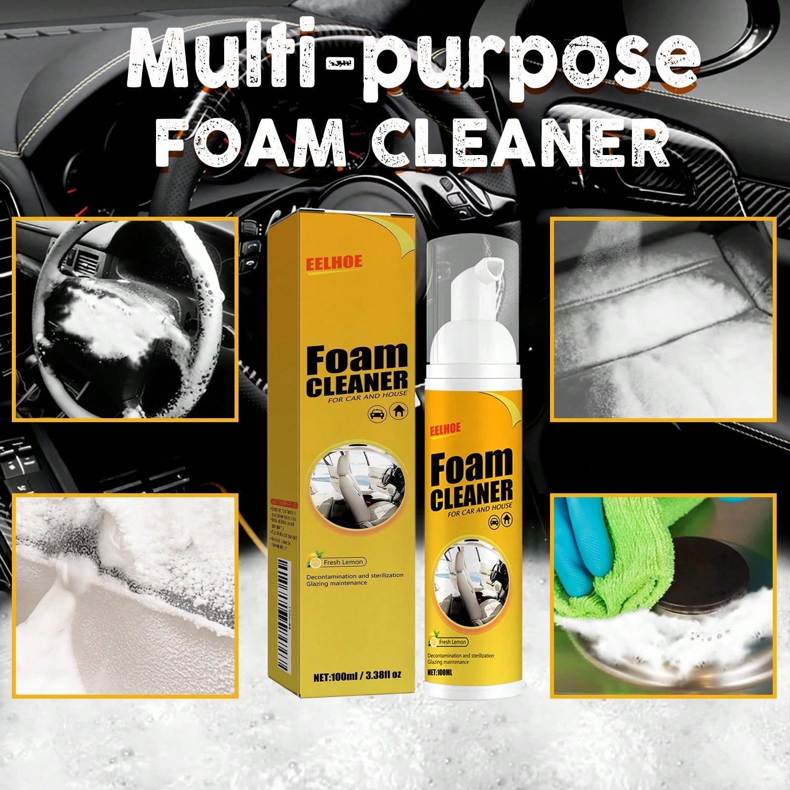 EELHOE 3PCS Multi-Functional Foam Cleaner Set, Wash For Automotive Interior Upholstery, Plastic Instrument Panel, Steering Wheel Parts, Multifunctional Deodorizing Interior Cleaner, Car Steering Wheel