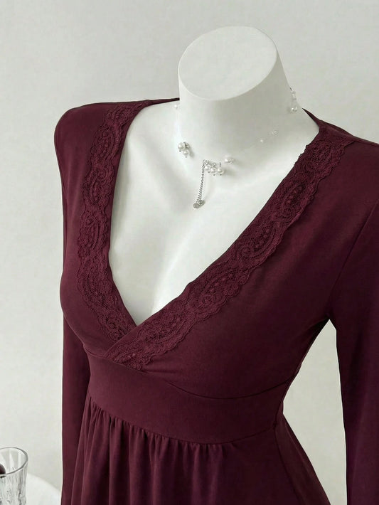 Elamini Casual Elegant Versatile Deep V-Neck Long Sleeve Lace Top, Autumn/Winter Sweetheart Neckline Dinner Date Burgundy
