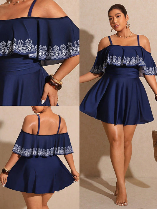 Elaquor Plus Size Women Casual Off-Shoulder Floral Print Swimsuit Dress