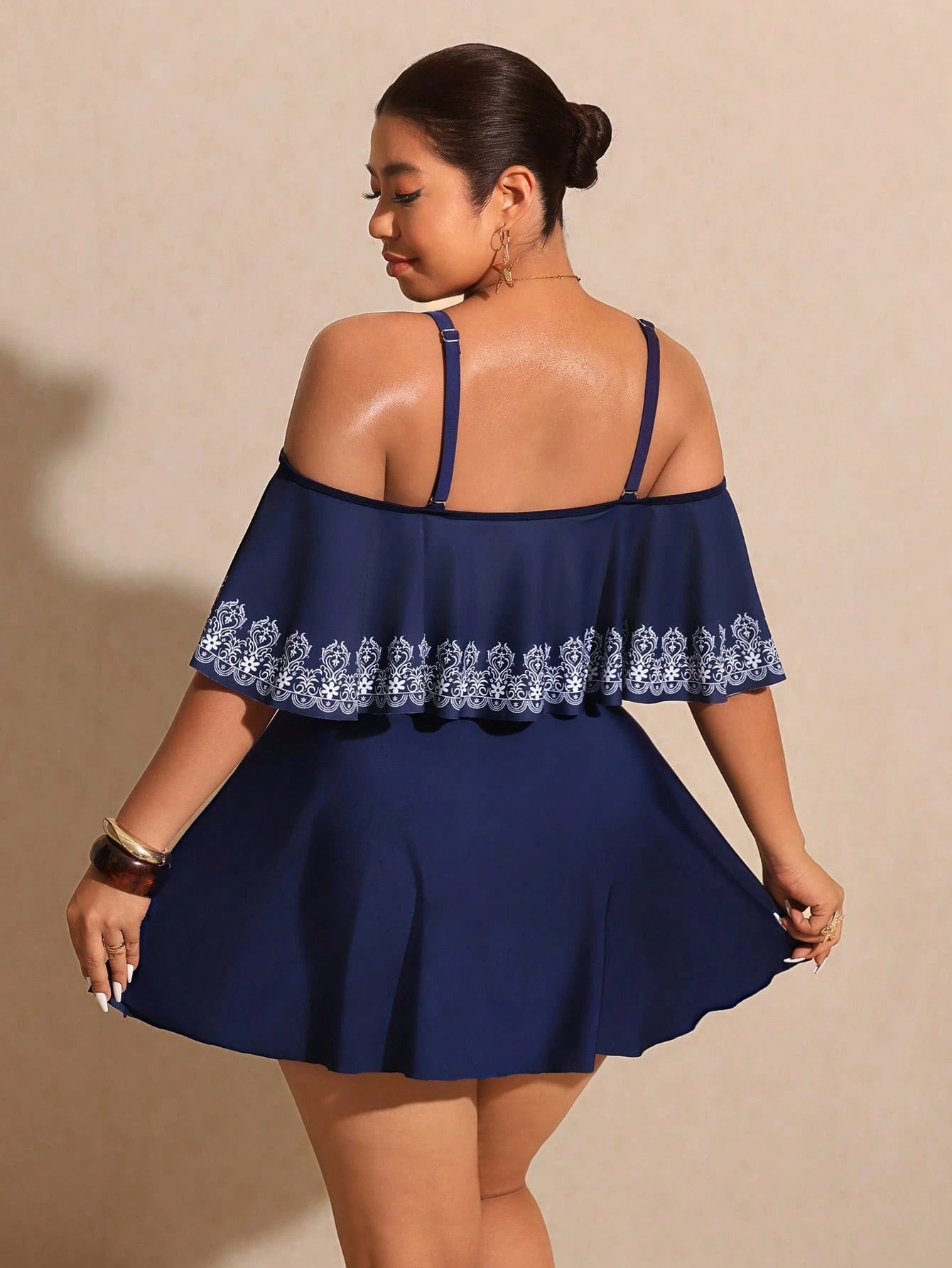 Elaquor Plus Size Women Casual Off-Shoulder Floral Print Swimsuit Dress