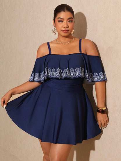Elaquor Plus Size Women Casual Off-Shoulder Floral Print Swimsuit Dress