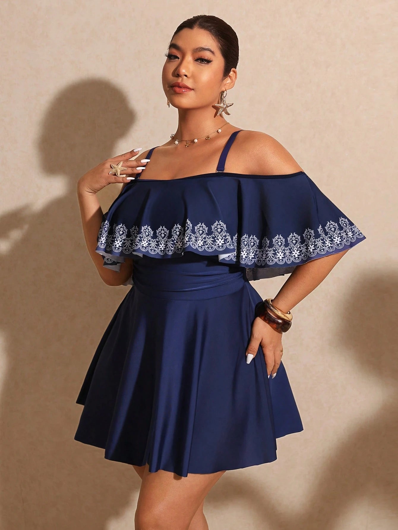 Elaquor Plus Size Women Casual Off-Shoulder Floral Print Swimsuit Dress
