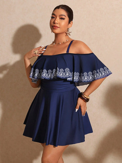Elaquor Plus Size Women Casual Off-Shoulder Floral Print Swimsuit Dress