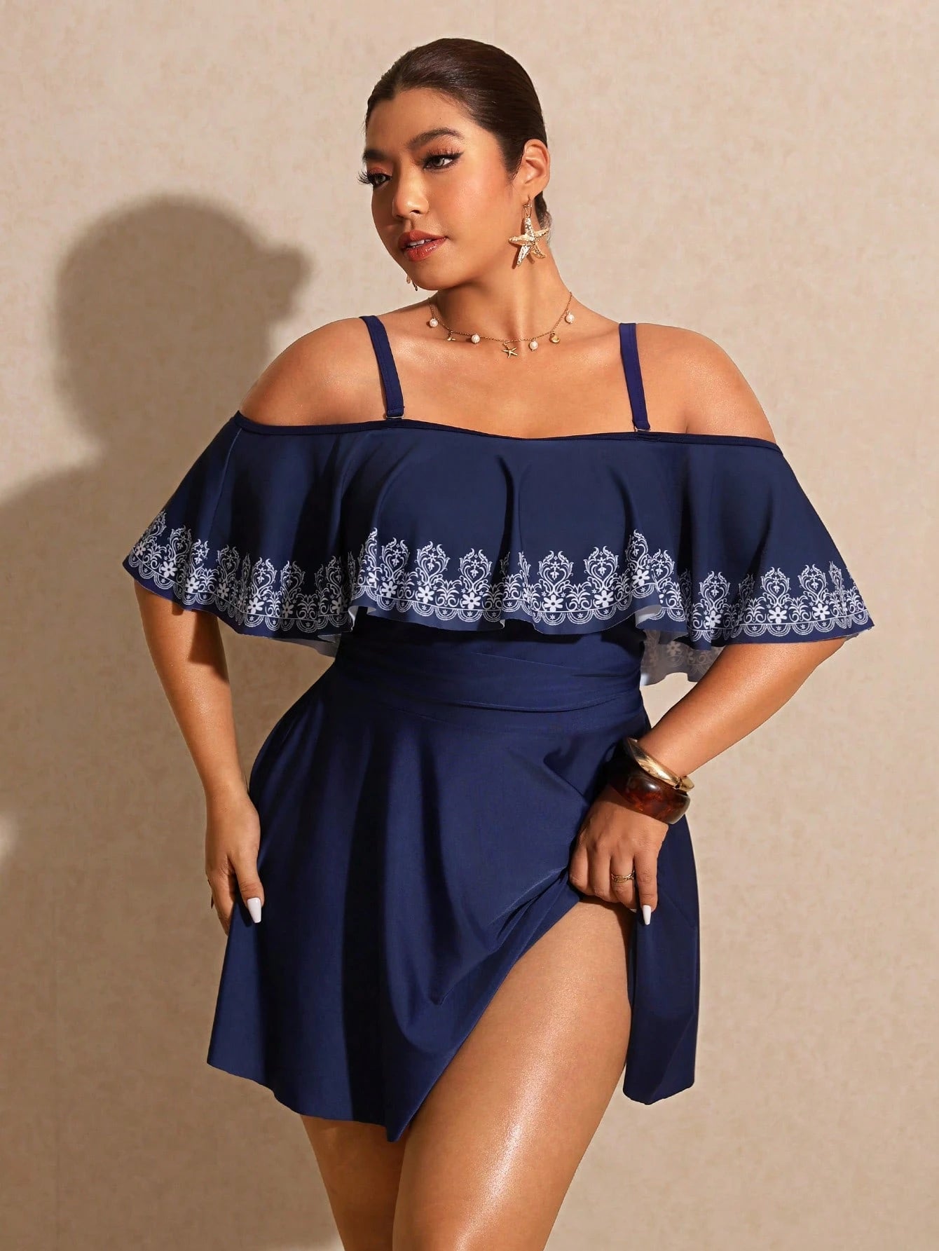 Elaquor Plus Size Women Casual Off-Shoulder Floral Print Swimsuit Dress