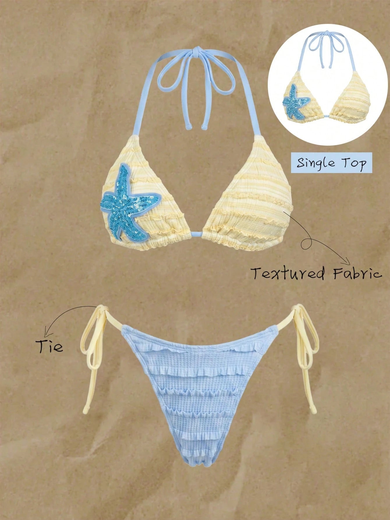 Elavelle Sweet Yellow Ruffle Bikini Top With Shiny Starfish Applique, Halter Neck Swimwear, Suitable For Pool Party