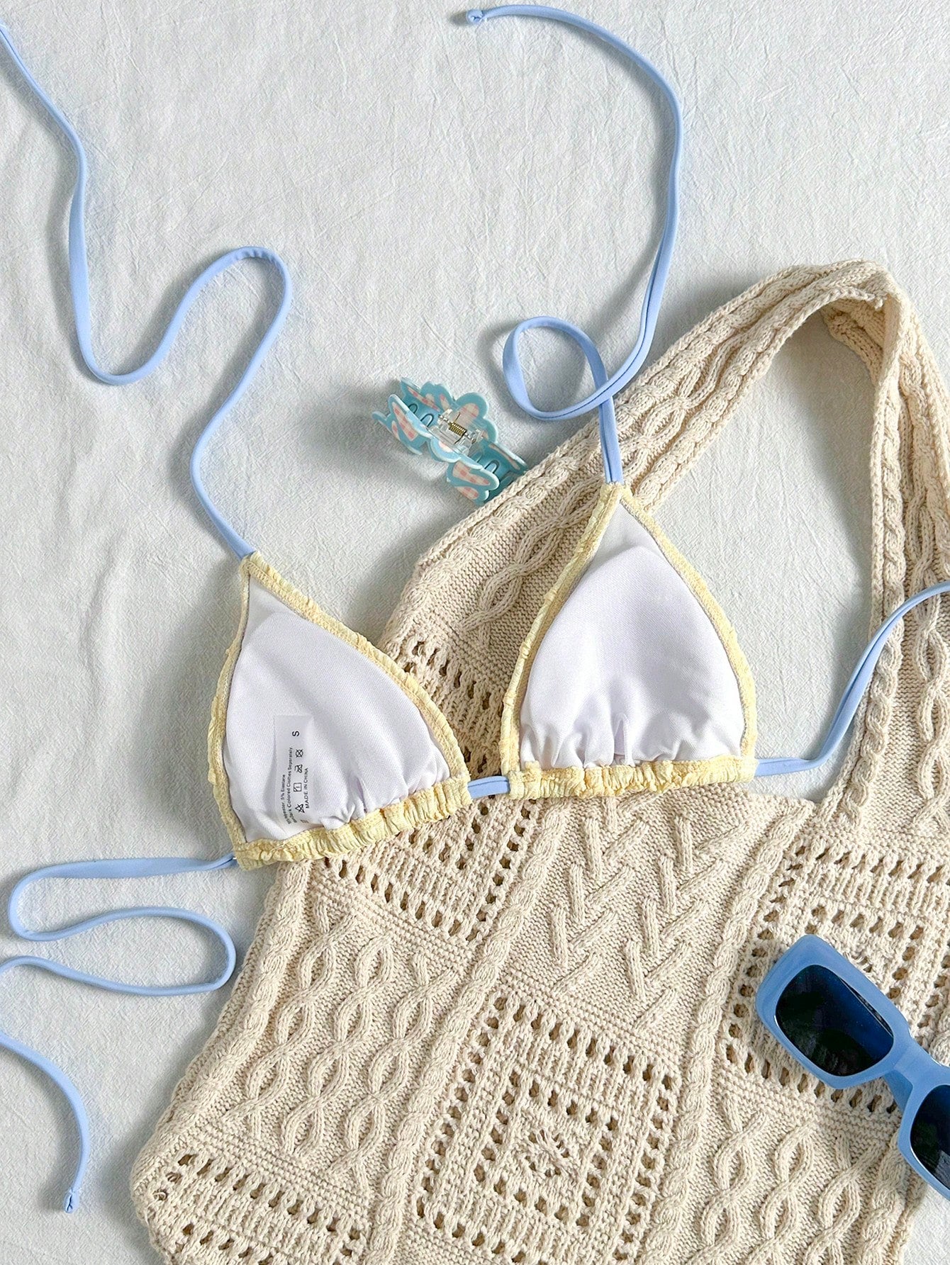 Elavelle Sweet Yellow Ruffle Bikini Top With Shiny Starfish Applique, Halter Neck Swimwear, Suitable For Pool Party