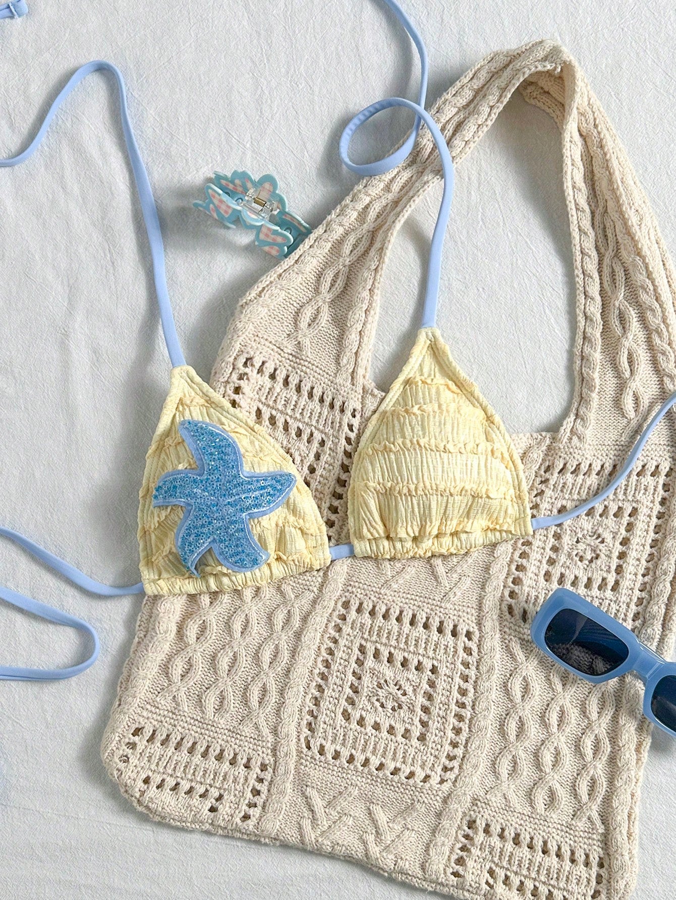Elavelle Sweet Yellow Ruffle Bikini Top With Shiny Starfish Applique, Halter Neck Swimwear, Suitable For Pool Party