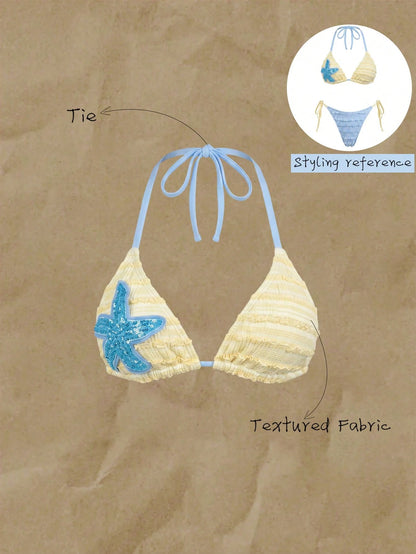 Elavelle Sweet Yellow Ruffle Bikini Top With Shiny Starfish Applique, Halter Neck Swimwear, Suitable For Pool Party