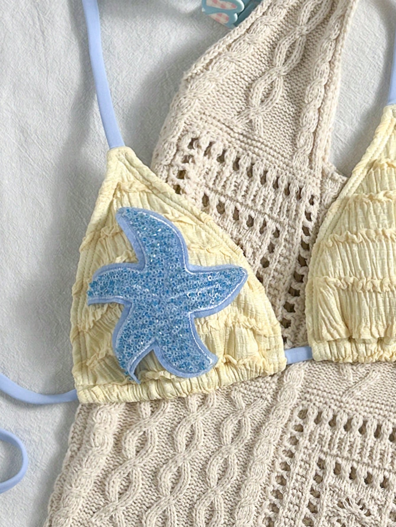Elavelle Sweet Yellow Ruffle Bikini Top With Shiny Starfish Applique, Halter Neck Swimwear, Suitable For Pool Party