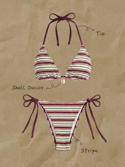 Elavelle Women's Summer Multi-Color Striped Fabric Halter Neck Sexy Bikini Set