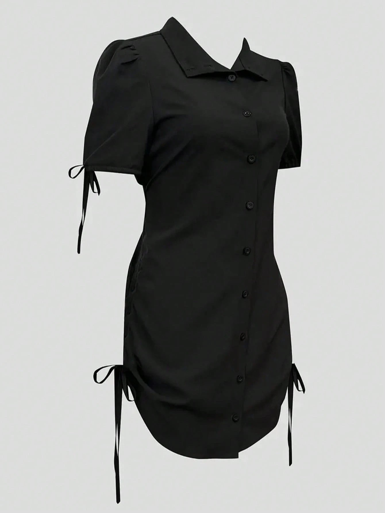 Elegant Black Short Sleeve Shirt With Button And Elastic Waist- Suitable For Casual And Formal Occasions, Casual Wear| Refined Style| Short Sleeve Shirt Summer