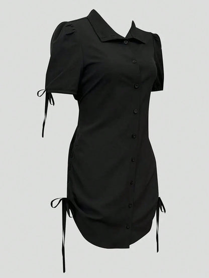 Elegant Black Short Sleeve Shirt With Button And Elastic Waist- Suitable For Casual And Formal Occasions, Casual Wear| Refined Style| Short Sleeve Shirt Summer