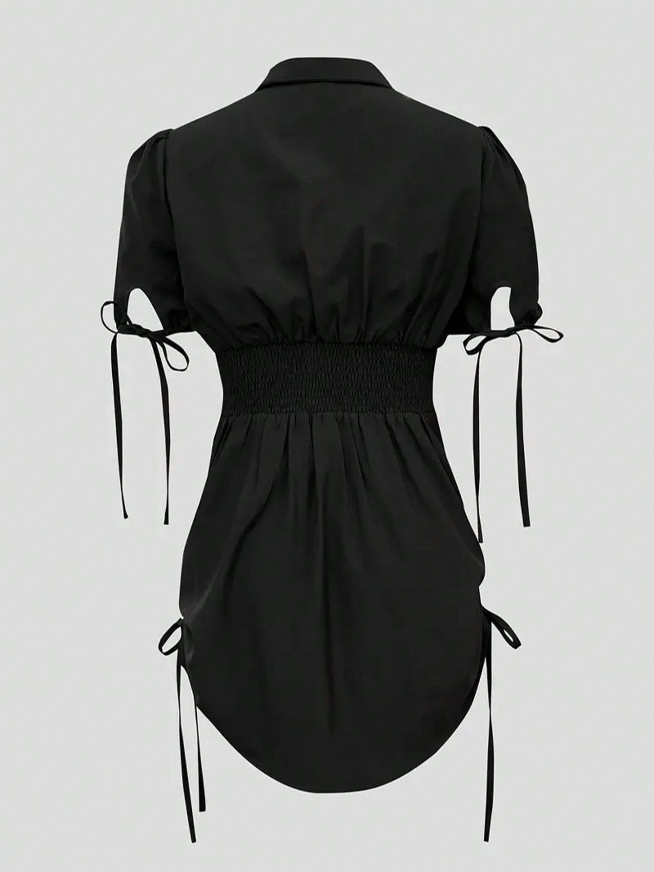 Elegant Black Short Sleeve Shirt With Button And Elastic Waist- Suitable For Casual And Formal Occasions, Casual Wear| Refined Style| Short Sleeve Shirt Summer