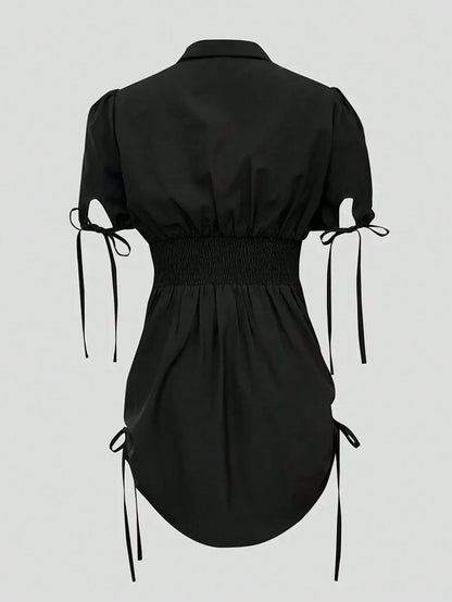 Elegant Black Short Sleeve Shirt With Button And Elastic Waist- Suitable For Casual And Formal Occasions, Casual Wear| Refined Style| Short Sleeve Shirt Summer