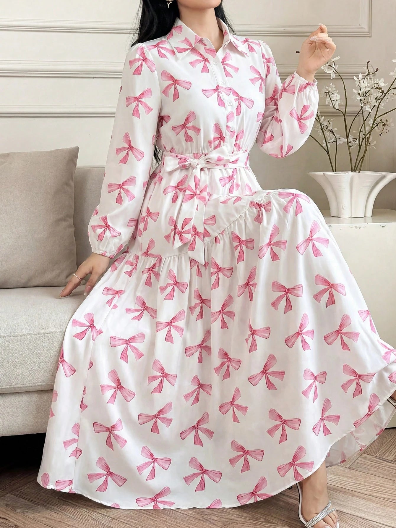 Elegant Spring/Summer Pink Bow Print Long Dress, Long Sleeve Belted Multi-Layered Shirt Dress, Casual Resort Wedding Guest Party Dress Vacation
