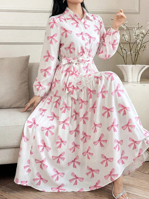 Elegant Spring/Summer Pink Bow Print Long Dress, Long Sleeve Belted Multi-Layered Shirt Dress, Casual Resort Wedding Guest Party Dress Vacation