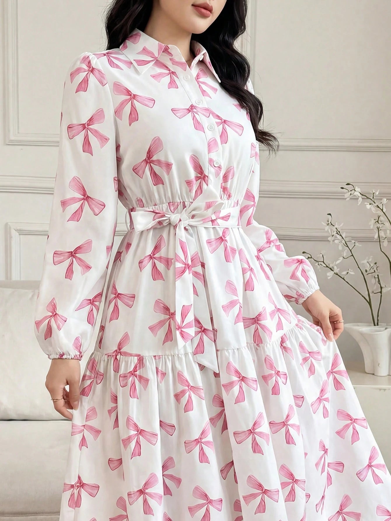 Elegant Spring/Summer Pink Bow Print Long Dress, Long Sleeve Belted Multi-Layered Shirt Dress, Casual Resort Wedding Guest Party Dress Vacation