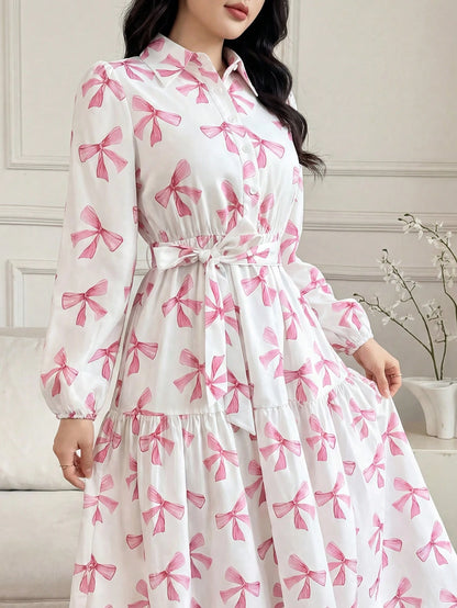 Elegant Spring/Summer Pink Bow Print Long Dress, Long Sleeve Belted Multi-Layered Shirt Dress, Casual Resort Wedding Guest Party Dress Vacation