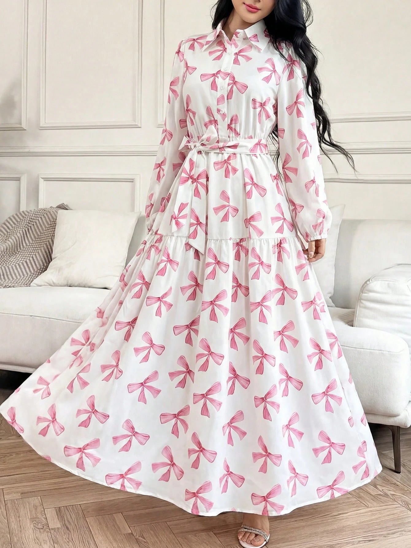 Elegant Spring/Summer Pink Bow Print Long Dress, Long Sleeve Belted Multi-Layered Shirt Dress, Casual Resort Wedding Guest Party Dress Vacation