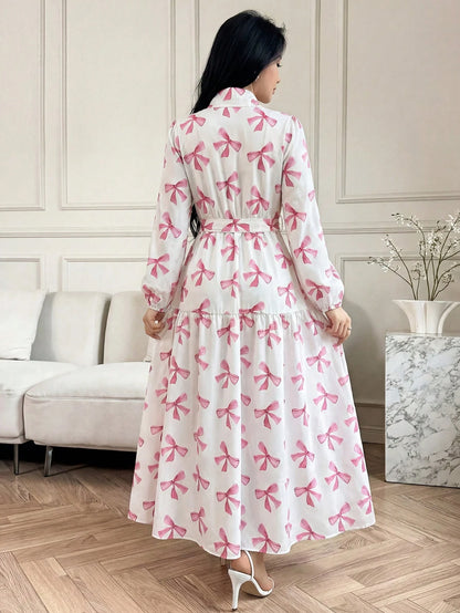 Elegant Spring/Summer Pink Bow Print Long Dress, Long Sleeve Belted Multi-Layered Shirt Dress, Casual Resort Wedding Guest Party Dress Vacation