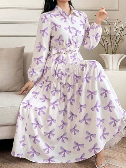 Elegant Spring/Summer Pink Bow Print Long Dress, Long Sleeve Belted Multi-Layered Shirt Dress, Casual Resort Wedding Guest Party Dress Vacation