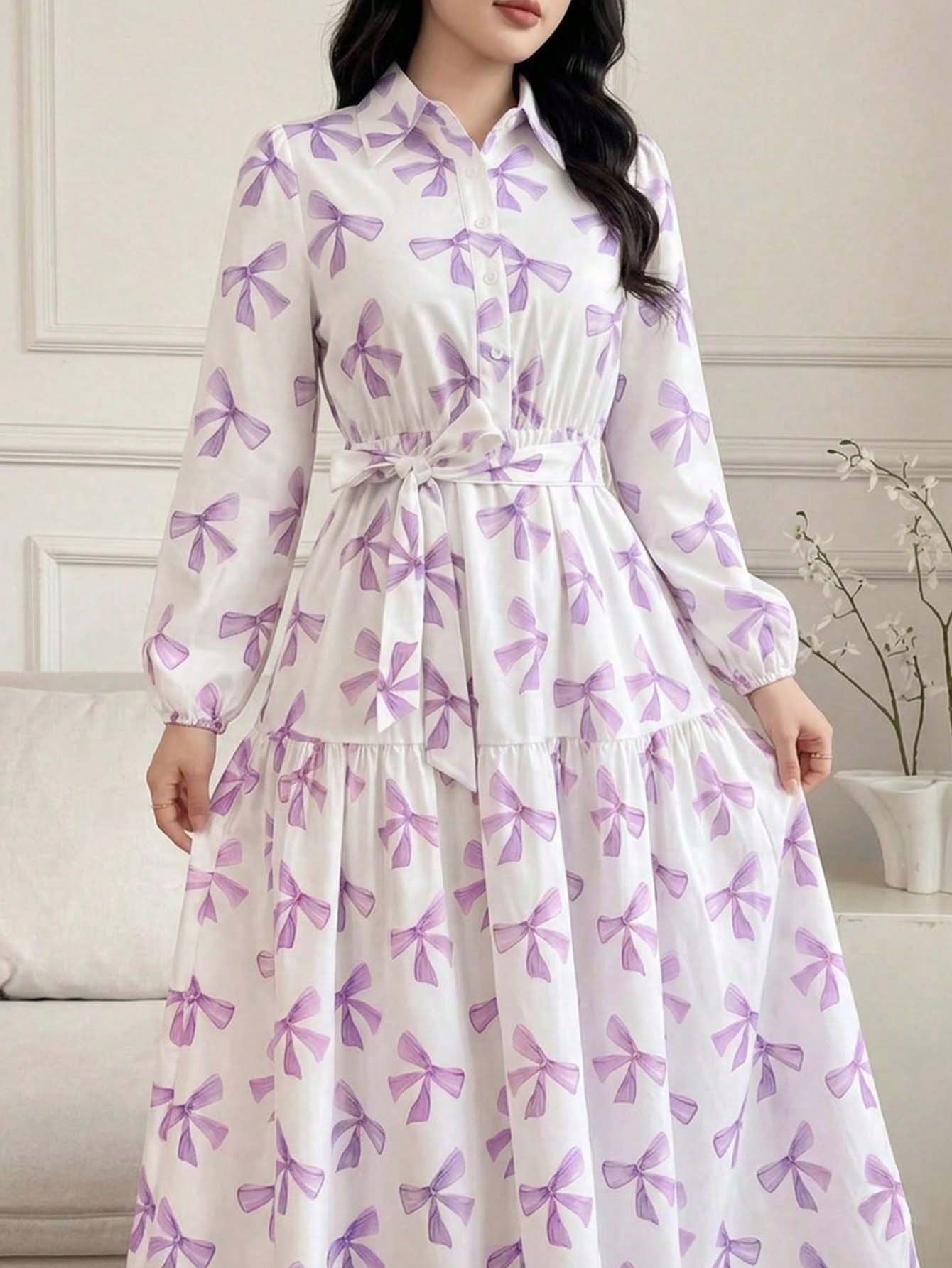 Elegant Spring/Summer Pink Bow Print Long Dress, Long Sleeve Belted Multi-Layered Shirt Dress, Casual Resort Wedding Guest Party Dress Vacation