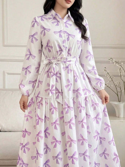 Elegant Spring/Summer Pink Bow Print Long Dress, Long Sleeve Belted Multi-Layered Shirt Dress, Casual Resort Wedding Guest Party Dress Vacation