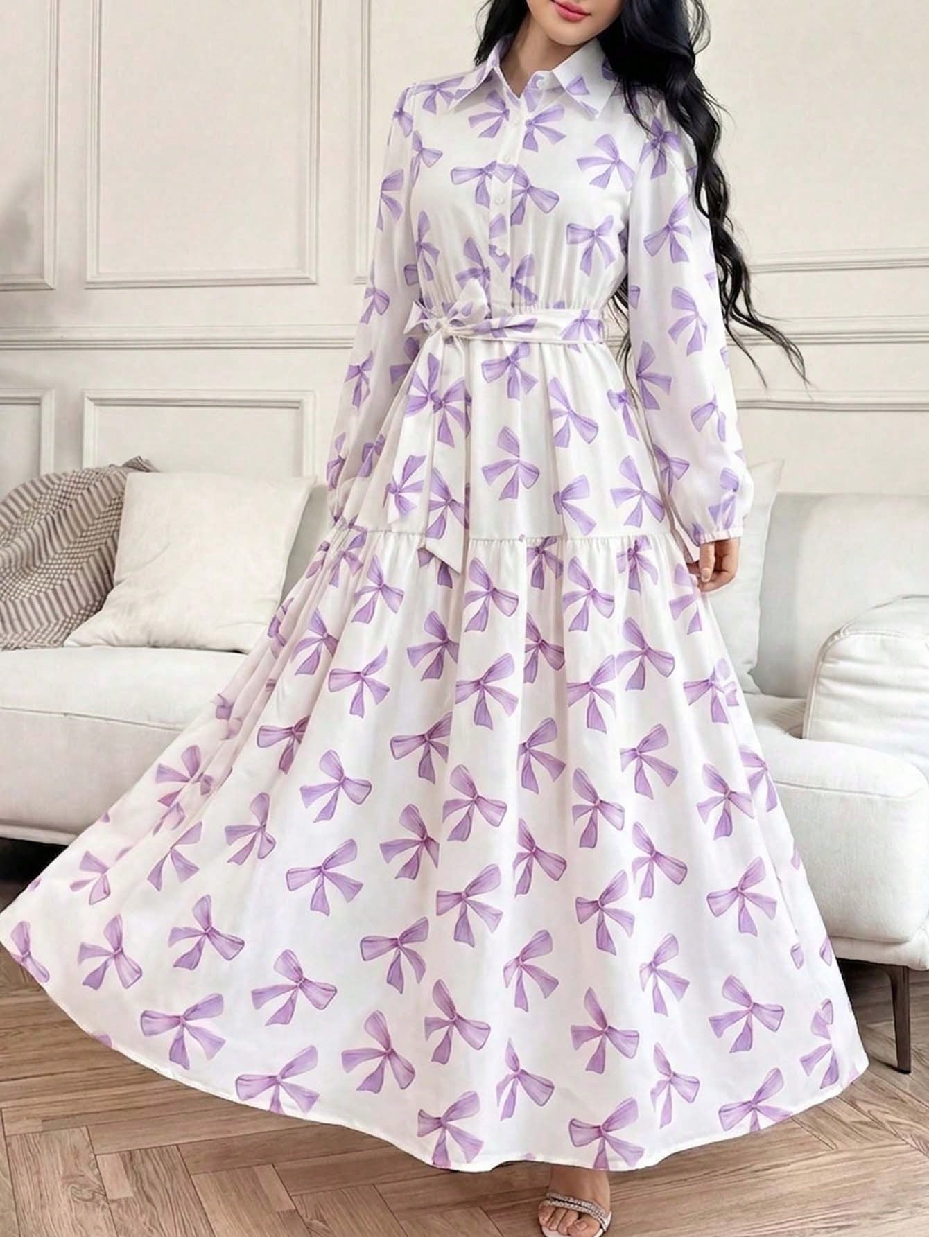 Elegant Spring/Summer Pink Bow Print Long Dress, Long Sleeve Belted Multi-Layered Shirt Dress, Casual Resort Wedding Guest Party Dress Vacation