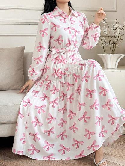Elegant Spring/Summer Pink Bow Print Long Dress, Long Sleeve Belted Multi-Layered Shirt Dress, Casual Resort Wedding Guest Party Dress Vacation