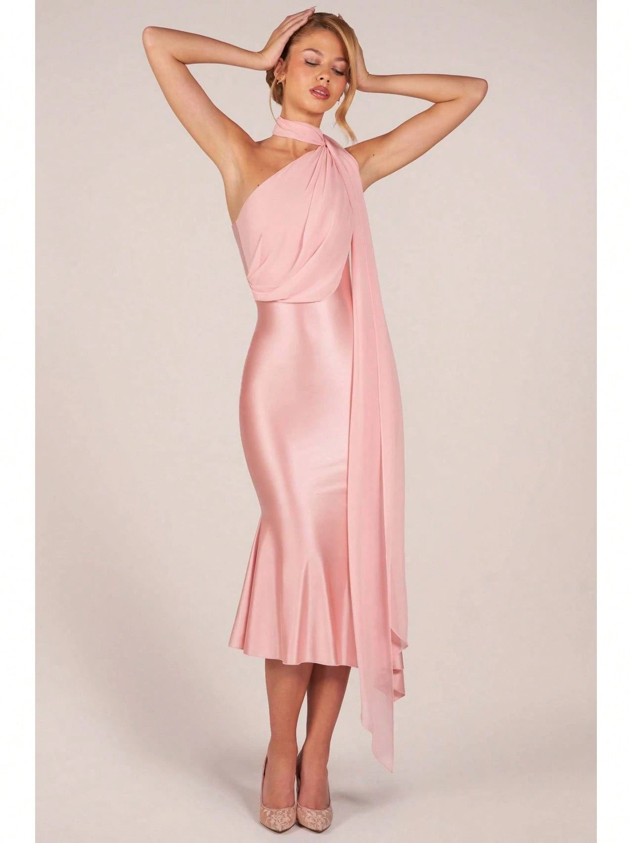 Elegant Two-Tone Satin & Chiffon Midi Dress, One-Shoulder With Draped Scarf, Bodycon Mermaid Skirt For Special Occasions