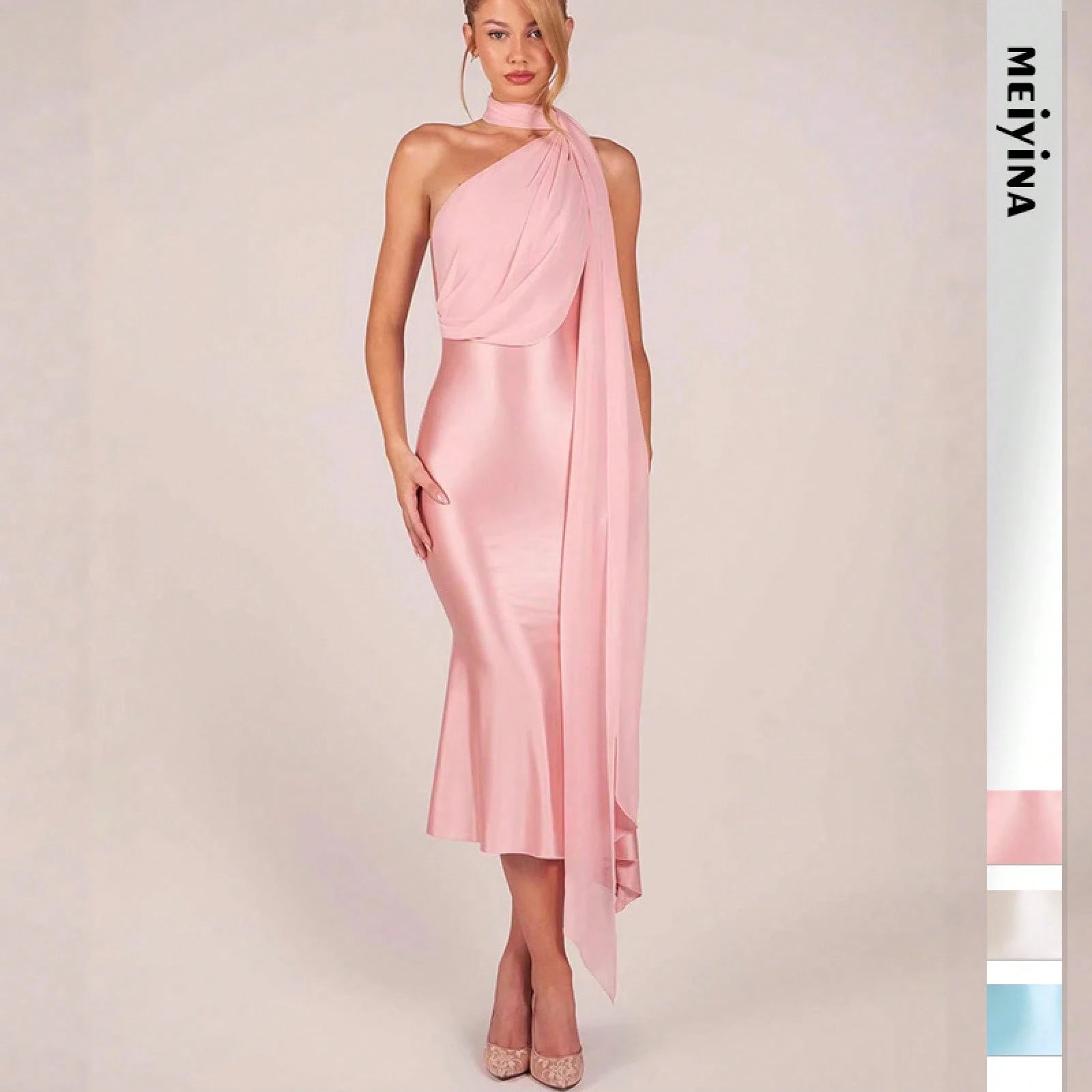Elegant Two-Tone Satin & Chiffon Midi Dress, One-Shoulder With Draped Scarf, Bodycon Mermaid Skirt For Special Occasions